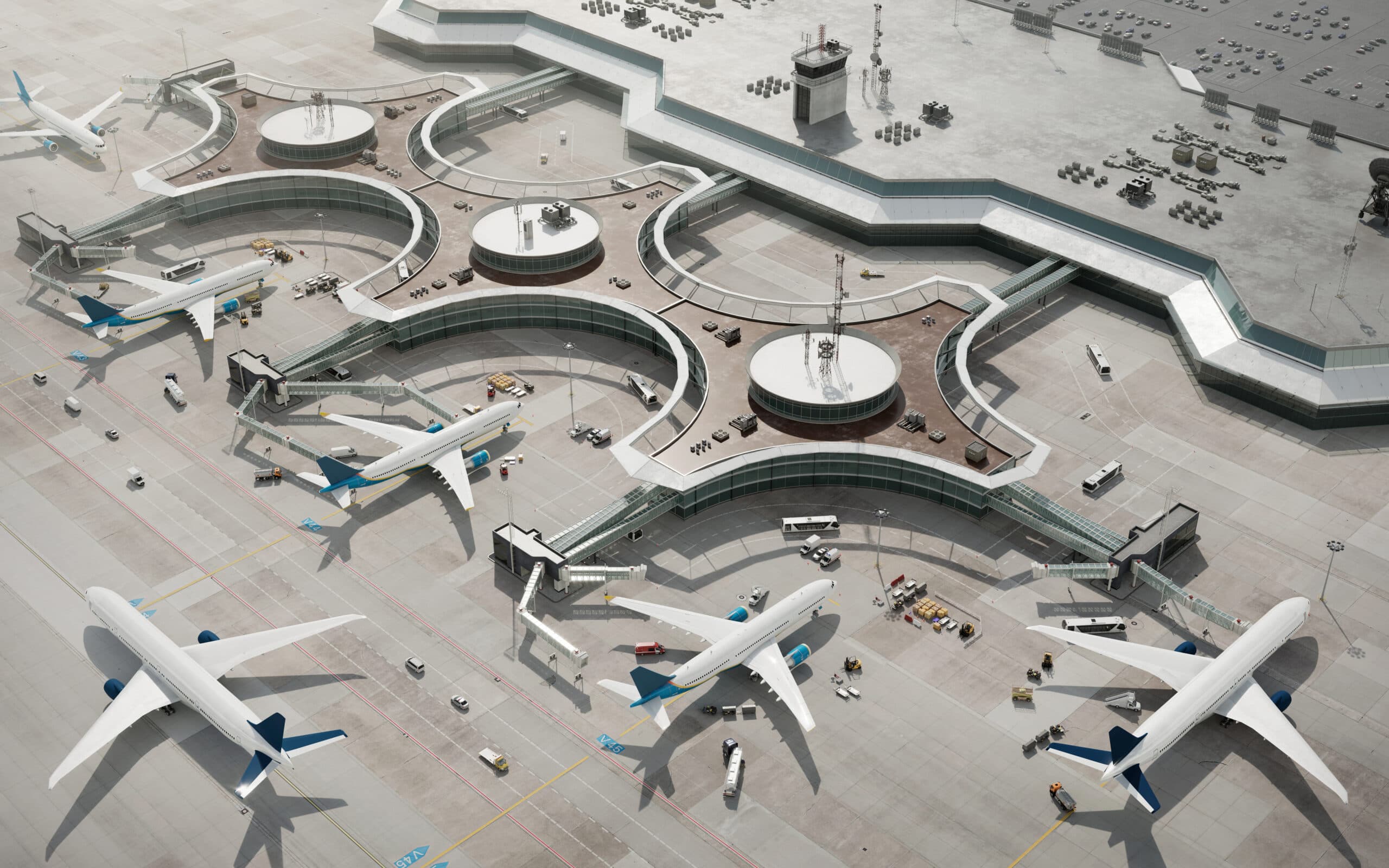 3D rendering of generic airport terminal with parked airplanes. Aerial view of commercial aircrafts in airport parking lot, computer graphic image.