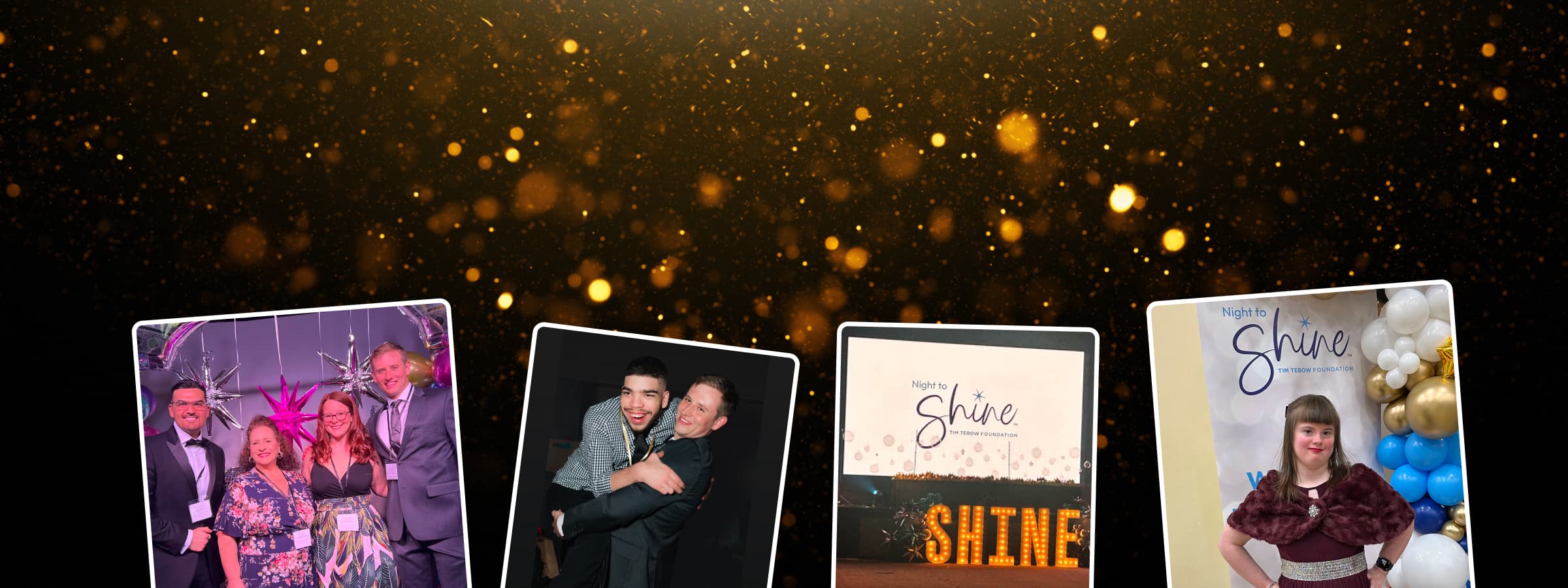 A collage that has 4 photos of different people at a gala. The background of the collage is black with golden dots of different sizes.
